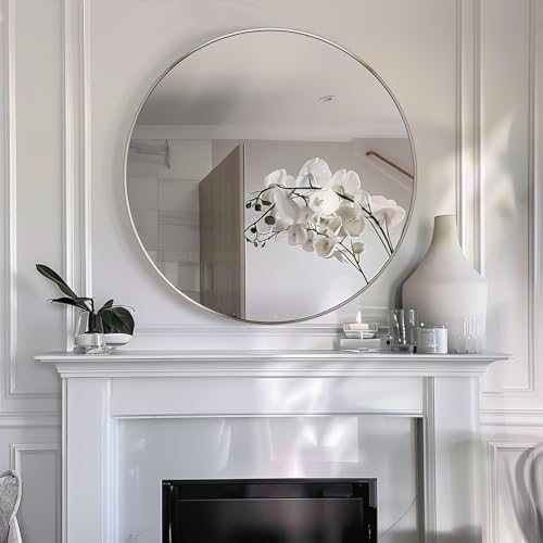 Image of Sunniry Silver Round Mirror 28 inch, Round Bathroom Mirror, Silver Circle Mirrors with Brushed Aluminum Frame, Circle Wall Mirrors for Bathroom, Living Room, Hallway, Bedroom.