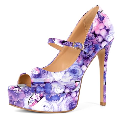 Image of SAMMITOP Women's Peep Toe High Heels Platform Stiletto Pumps Patent Mary Jane Heels 5.5 inch Party Wedding Dress Shoes