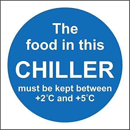 The Food in This Chiller Must Be Kept Between Kitchen Catering Safety Sign Stickers,Warning Stickers Lables,Self Adhesive Vinyl,Safety Notice Caution Sign Decals, 10X10CM