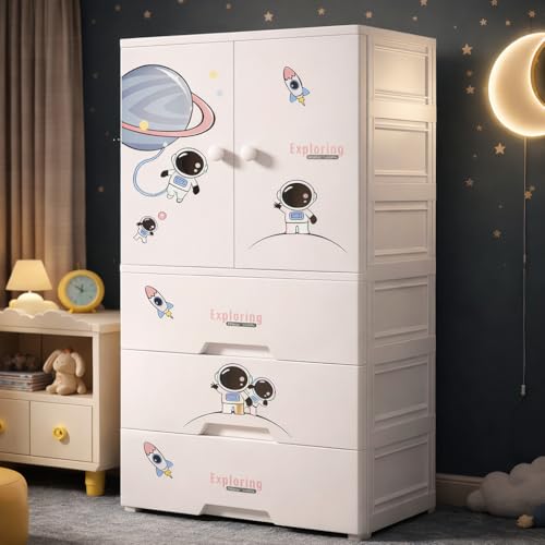 Image of AYSIS Kids Plastic Collapsible Wardrobe Organizer for Storage with Drawers | Cute Cartoon Design | Heavy Duty Cloth Organizer for Storage | Easy to Assemble | Perfect for Kids Room & Home | Sky Starry