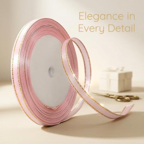 2 Pcs Gold Edge Satin Ribbon, 72.2 ft / 22 m Metallic Border Polyester Fabric Ribbons, Black and Pink, for Xmas Tree Gift Wrapping, DIY Crafts, Christmas Decor, Wedding Candy Box Bows - Image 4