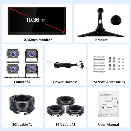 VEKOOTO Truck Camera System, 4CH Backup Camera with 10.36'' Touch Screen, Waterproof 4 AHD Rear Side View Camera, for Truck/Semi-Trailer/Camper/RV/Bus by VEKOOTO - Used condition - Image 9