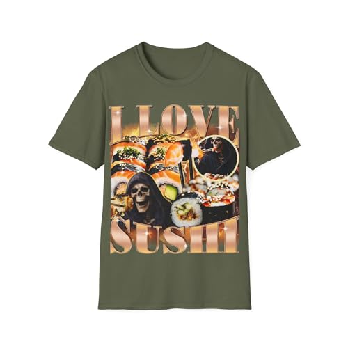T-shirt squelette I Love Sushi vêtement streetwear ample pour homme et femme
