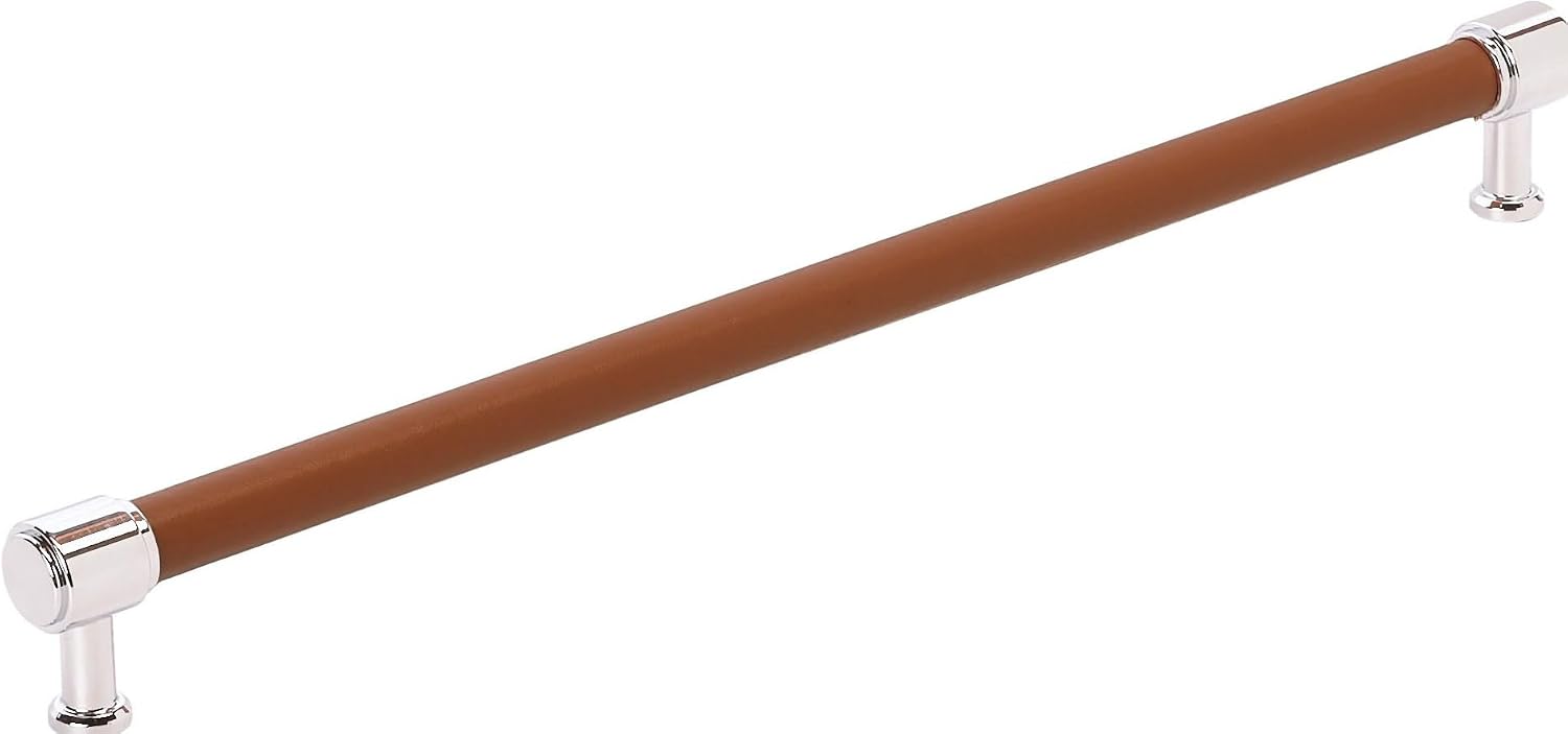 Signature Hardware 954070-18 Lazzara 18 Inch Center to Center Cognac Leather Appliance Pull - Polished Nickel