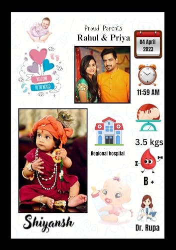 Image of Personalized Baby Birth Announcement Photo Frame, Marble Design with Birth Details and Parents Photo, A4 Size Black, 2 Photo(s), 10 X 13 Send photos WP -8905457154, Order id, Birth Memory Photo Frame (1, Yellow 8)