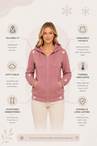 Image of HOODLIFE Women's Zip-Up Hoodie Sweatshirt - Soft Cotton Fleece Jacket with Hood, Full Zipper, Kangaroo Pocket, Casual Winter Hoodie for Women