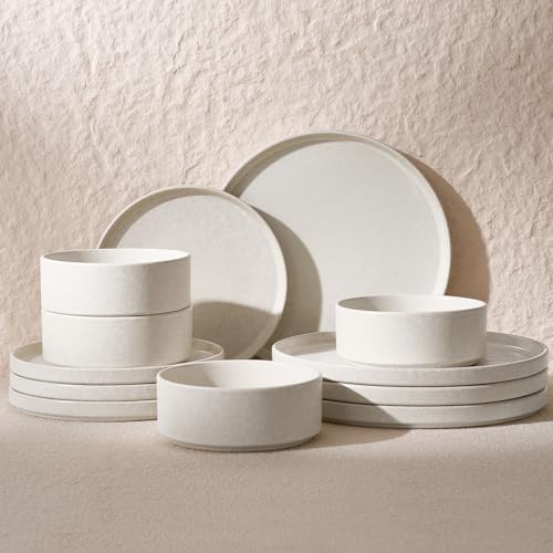 Image of Famiware Nebula Plates and Bowls Sets, 12 Pieces Stoneware Dinnerware Sets, Reactive Glaze Dish Set, Dishes Set for 4, Matte Beige White