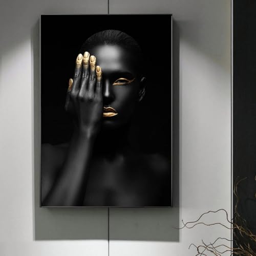 LZJAGXX Cuadro sobre lienzo con retrato de mujer en oro negro, impresión en carteles e impresiones, arte de pared escandinavo, decoración del hogar para sala de estar, 60 x 90 cm, sin marco