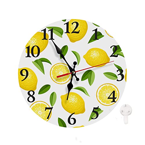 LOKMU Silent Non Ticking Clock 10 Inch,Round Wall Clock,Decorative for Living Room, Kitchen, Home,Bathroom, Bedroom, Office or School Yellow Lemons Pattern in Cartoon Style
