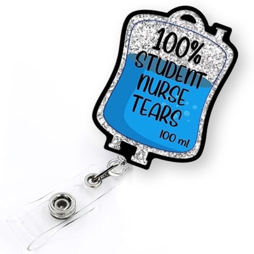 100% Student Nurse Tears Funny Glitter Badge Reel Retractable for Nurse Nursing School Student | Funny Graduation Gifts ID Name Tag Badge Holder with Alligator Clip & 24” Durable Nylon Cord | Acrylic