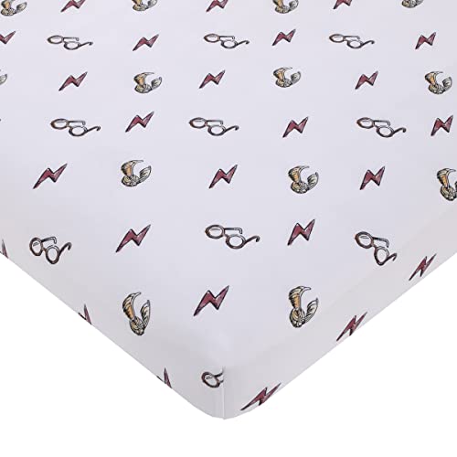 Image of Warner Brothers Harry Potter White, Red, and Gold Lightning Bolt, Golden Snitch and Glasses Nursery Fitted Mini Crib Sheet