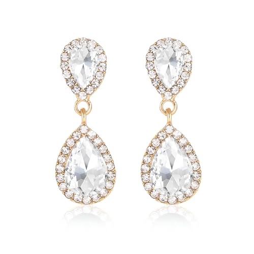 Pendientes de boda con forma de lágrima para novias, sirvientas de pajarera, vintage, con diamantes de imitación transparentes, pendientes colgantes colgantes de cristal blanco para mujer, diamantes