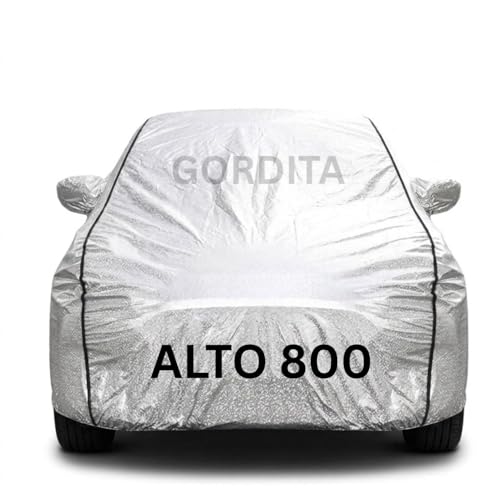 Image of Waterproof Car Body Cover for Alto 800 All Weather Protection Comes with Inner Cotton Lining & Triple Stitched with Mirror & Antenna Pocket Belt & Elastic Fit Metallic Silver with Black Piping2