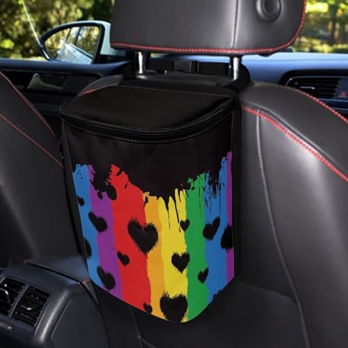 Image of Rainbow Stripes Love Hearts Auto Car Trash Can Rainbow Flag LGBTQ Car Garbage Bag with Lid Washable Leak Proof Car Trash Bin Hanging for Women Men