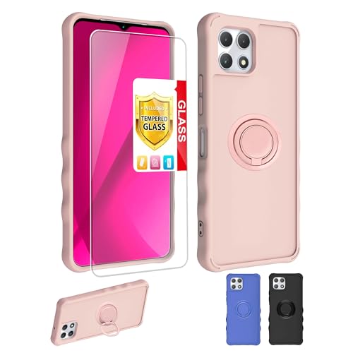 jioeuinly Revvl7 5G Case Compatible for T-Mobile Revvl 7 5G Phone Case Cover [with Tempered Glass Screen Protector][ 2MM Thickening Super Protection][Ring Support] Pink