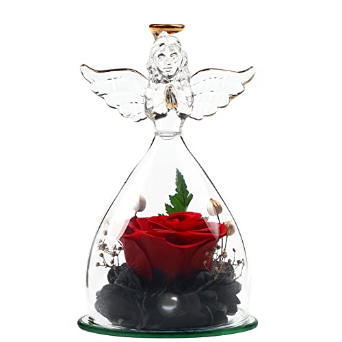 Yeahshion Rose Eternelle avec Figurine d‘Ange Faite à la Main, Rose Péservée sous Dôme en Verre, pour Mère, Grand-Mère, Décoration, Fête, Anniversaire, Rouge Cover
