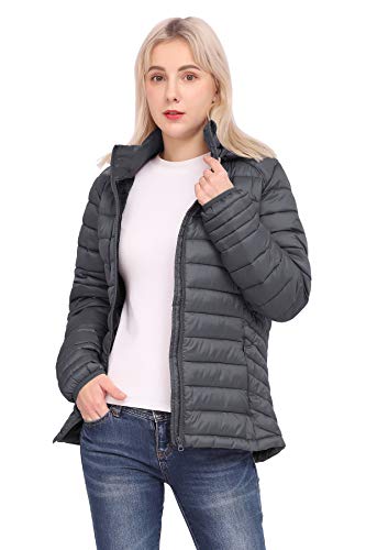 Fit Space Down Alternative Jacket For Women Quilted Lightweight Packable Padding Coat With Detachable Hood (Grey, Xs) #TOP1