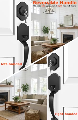 Image of Haidms Matte Black Front Door Handle and Deadbolt Set, Front Door Lock Set, Weather Resistant Entry Door Locksets with Deadbolt Single Cylinder, Exterior Door Handle with Reversible Handle Lever