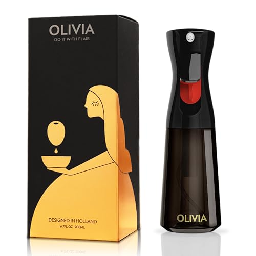 FLAIROSOL OLIVIA Oil Sprayer for Cooking, 200ml Glass Olive Oil Sprayer, Continuous Cooking Spray Dispenser with Portion Control for Kitchen, Air Fryer, Salad, BBQ (Black Bottle, Gold Print)