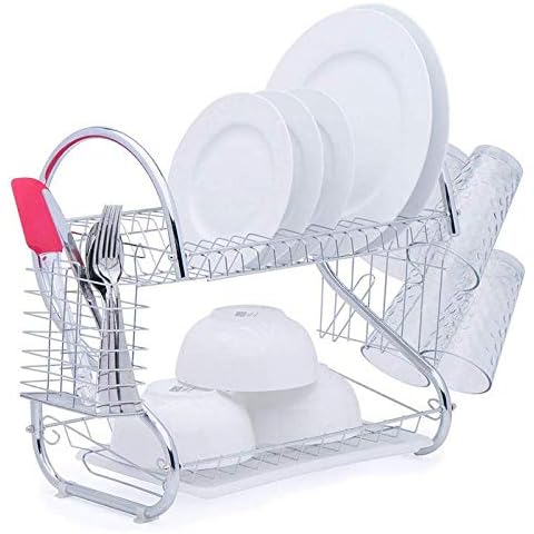 Dish Drainer Rack 2 Tier Dish drainer Kitchen Drying Rack Chrome Plated with Drip Tray Cover