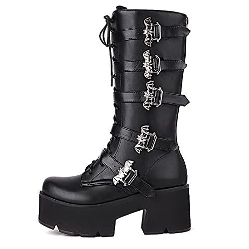 keleimusi Botas femininas de cano médio góticas plataforma com fivelas de morcego pretas altas botas