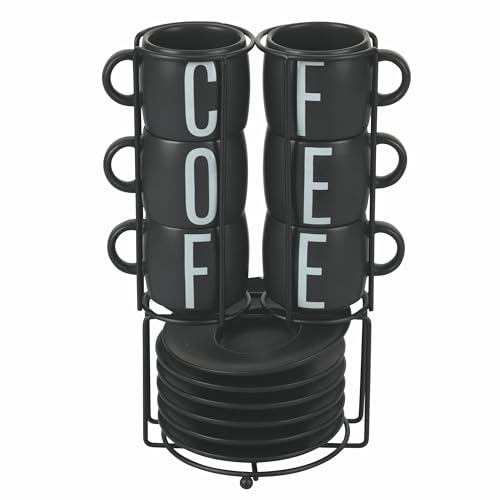 Villa D'Este Home Tivoli Set 6 Tazzine Caffè Con Piattino, In Gres, Stand In Acciaio Inox, 110 Ml, Bigismore