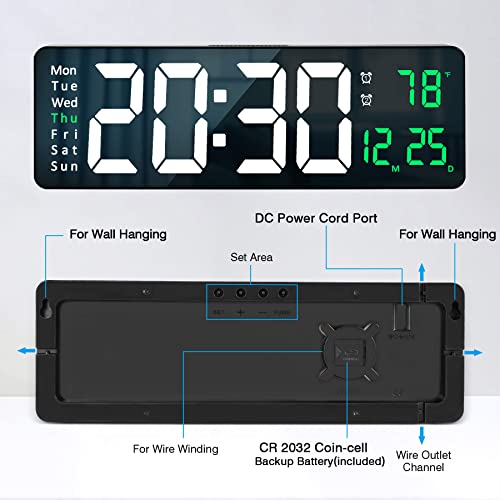 Digital Wall Clock Large Display, 16.2” Led Digital Clock With Temperature And Auto Dimming, Easy Track The Time, Date And Day Of Week, With Remote Control (Green) #TOP4