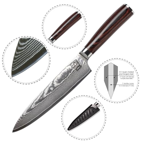 Foto von ZEUß Damastmesser Küchenmesser XL (32cm) TÜV geprüfter 62 HRC Damaststahl aus 67 Lagen I Damast-Küchenmesser Chefmesser Kochmesser mit Schleifstein Holzgriff Geschenkbox und Klingenschutz