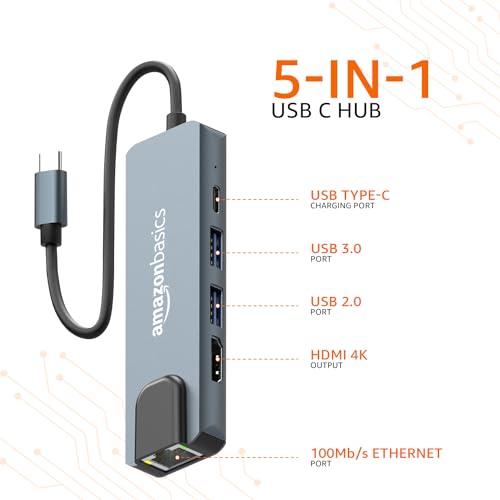 Image of Amazon Basics 5-in-1 Hub Multiport Adapter, USB Type-C with Aluminium Shell, 100Mbps Ethernet Port, HDMI 4K, 1xUSB 3.0, 1xUSB 2.0, 100Mbps Ethernet, 100W Charging for MacBook, DELL & Type C Devices