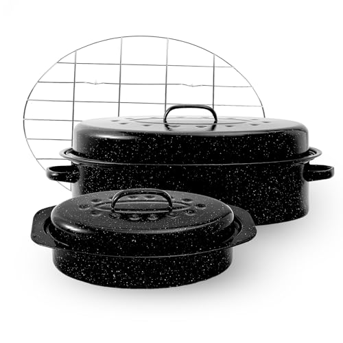 Enamel Roasting Pan With Lid and Rack 13 18Granite Roaster Pans Set With Rack Suitable Cooking Poultry Baking Turkey Bread Beef High Temperature Resistance,Dishwasher Safe,Holiday Gifts CookWare
