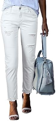 EVALESS White Womens Jeans Stretchy Boyfriend Ripped Distressed Frayed Raw Straight Ankle Hem Denim...