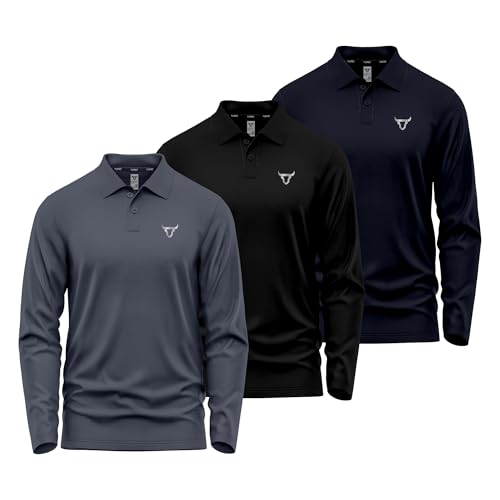Image of TORO ACTIVA Pack of 3 Mens Polo T Shirt Regular Fit Olympic Casual Uniform Party Wear Multi-Colours Long Full Sleeves Button Up Adults Gift Polo Top