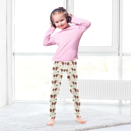 Wusikd Brown White Cow Girls' Leggings Toddler Doodles Grass Kids Yoga Pants Dance Active Tights 4T4