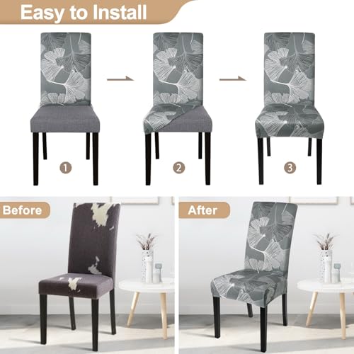 Image of SearchI Printed Dining Room Chair Covers Set of 6, Stretch Kitchen Chair Covers Washable Parsons Chair Slipcover Removable Dining Chair Protectors for Hotel,Ceremony(Ginkgo Leaf Pattern)