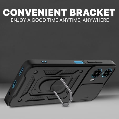 Image of Pikkme Back Cover for Motorola Moto G34 / G45 5G | 360 Protection Case | Sliding Camera Shield Cover & Ring Holder Stand D10 Tough Armor Bumper Case (Black)