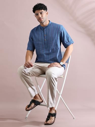 Image of Filori Lurex Checks Design Short Kurta | Pure Cotton | Half Sleeves | Mandarin Collar