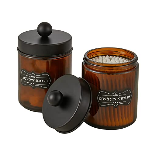 INIUNIK 2 Pack Glass Qtip Holder Dispenser Amber Glass Apothecary Jars Cotton Balls Round Swabs Holder Bathroom Vanity Jars Canisters for Countertop Storage Organize-Black