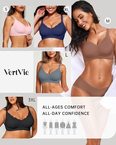 Vertvie Womens Seamless Bras No Underwire Supportive Wireless Push Up Full Coverage Bralette Comfort Scalloped T-Shirt Bra(Coffee,X-Large)