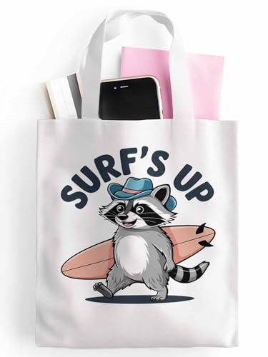 Canvas Tote Bags,Grocery Shopping Cloth Bag Small Raccoon Surfing Reusable Shoulder Bags Tote Bag for Travel Work Gym2
