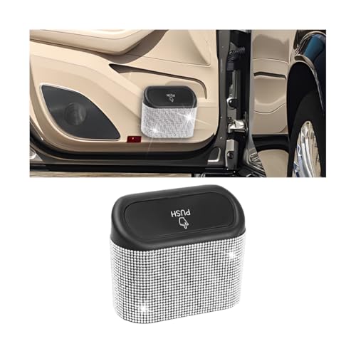 Image of AICEL Bling Car Trash Can with Lid, Crystal Rhinestones Leakproof Auto Garbage Hanging Container Bin, Multipurpose Diamond Dustbin Storage Organizer, Universal Vehicle Accessories (White)