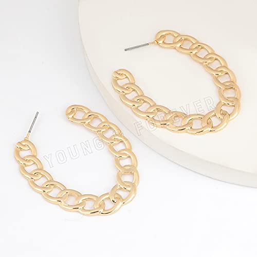 Image of Young & Forever Gift Stainless Steel Gold Plated Curb Chain Hoop Earrings for Women Big Hoop Dangle Earring for Women Oval Earrings Thin Geometric Hoop Earrings