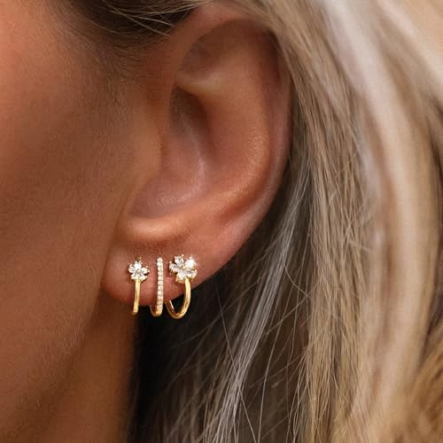 CHESKY 14k Gold Plated Triple Illusion Huggie Stud Earrings, Trendy Double Huggie Hoop Earrings for One Hole, Dainty Gold Flower Claw Earrings for Women Cute Everyday Jewelry Gift by CHESKY - Image 5
