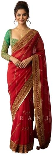 Brulry Women's Organza Silk Green Colour Embroidered Bollywood Trandy Saree With Blouse Piece
