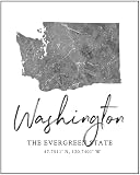 Washington State Map Wall Art Print - 8x10 Silhouette Decor Print with Coordinates. Makes a Great Evergreen State-Themed Gift. Shades of Grey, Black & White.