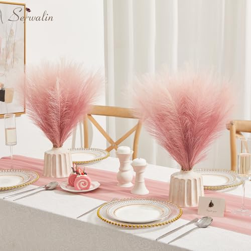 Image of Serwalin Gradient Pink Pampas Grass Decor, 17.7 Inch 6pcs Faux Pampas Grass, Artificial Pampas Grass for Wedding Table Centerpieces Decoration