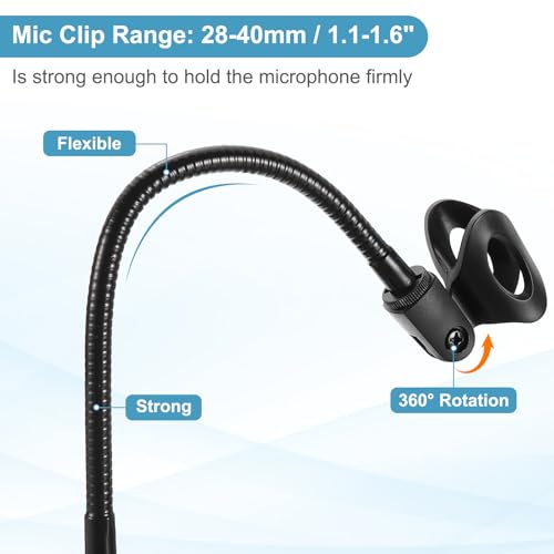 Support de microphone col de cygne 12" bras flexible en acier noir avec pince réglable