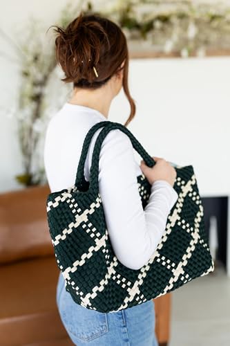 Image of State of Bliss Large Neoprene Dark Green and White Woven Hobo Tote with Top Handle - Lightweight and Spacious Designer Lookalike Tote Bag for Travel, Work, and Everyday