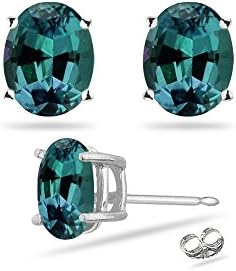 June Birthstone - Lab Created Oval Russian Alexandrite Stud Earrings in 14K White Gold Available in 6x4MM-9x7MM (7x5mm - 1.90-2.26 Cts)