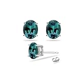June Birthstone - Lab Created Oval Russian Alexandrite Stud Earrings in 14K White Gold Available in