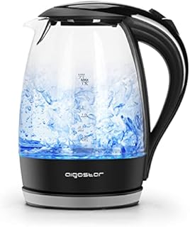 Aigostar Glass Water Kettle with LED Lighting, Electric Black Kettle, Fast Quiet Boil Cordless Clear Kettle, 3000 Watts, 1.7 Liter, Boil-Dry Protection, BPA Free, Black - Adam Pro